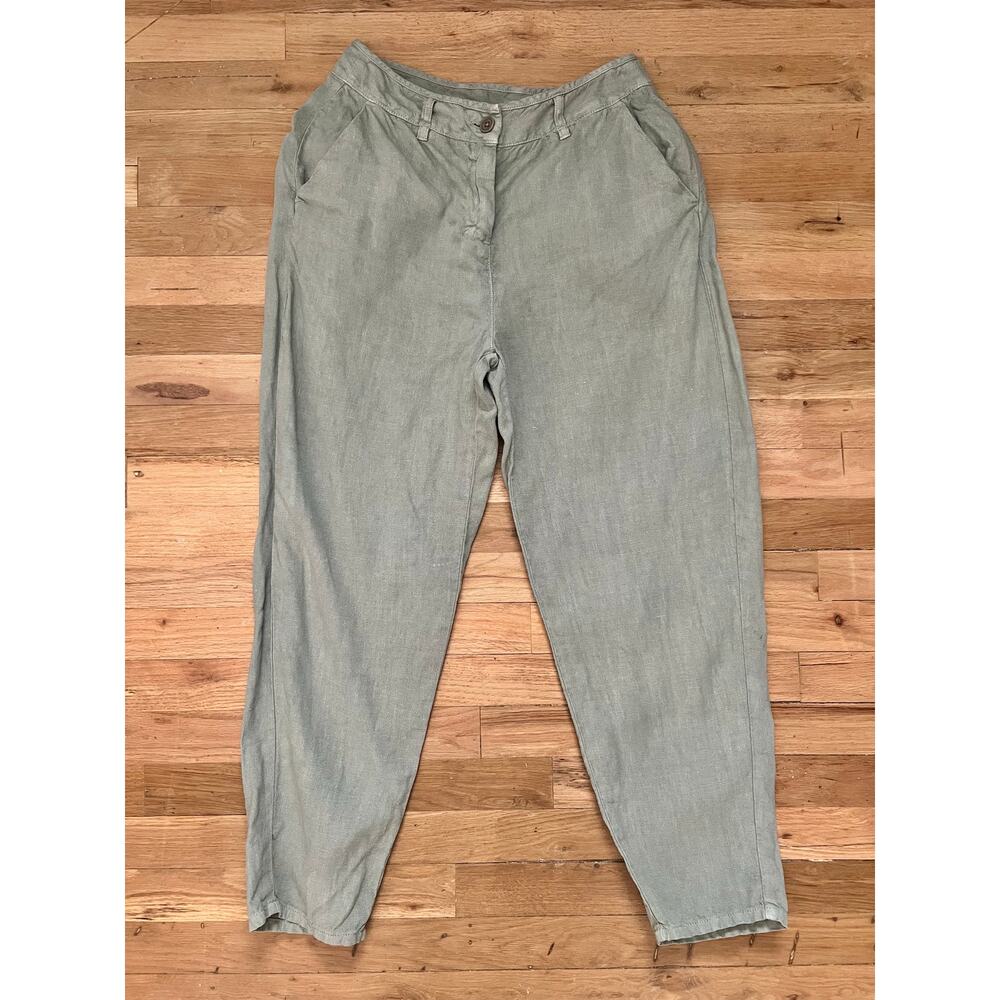 Lagenlook Linen Boho Poetry Straight Leg Sage Green Coastal Vacation Pants Sz 8